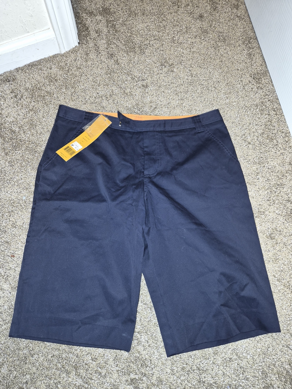 Tory Burch Navy Flat-Front Shorts with Orange Waistband Accent